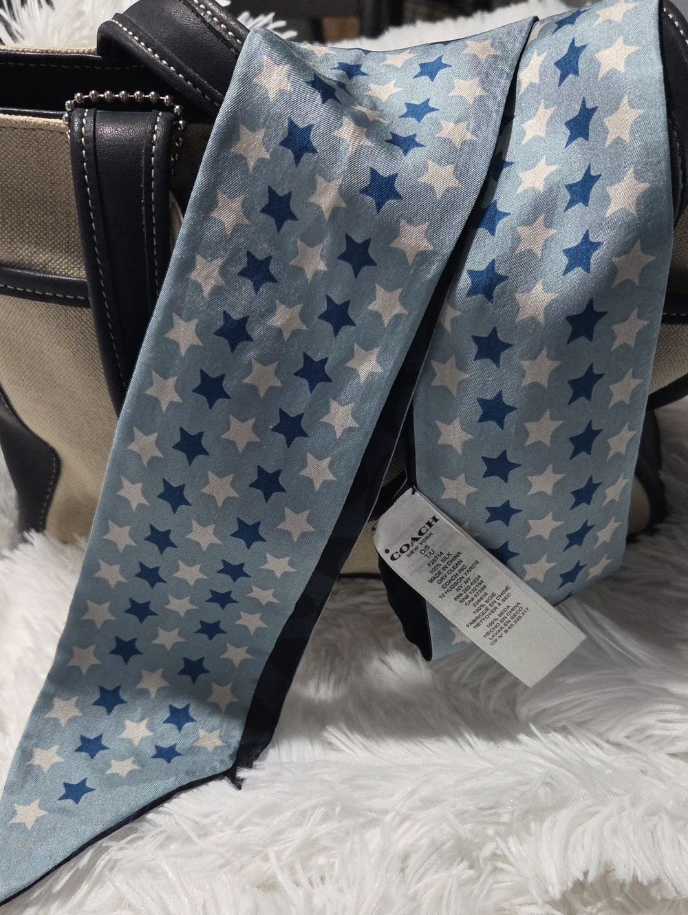 Coach Light Blue and Navy Star Silk Scarf Tie